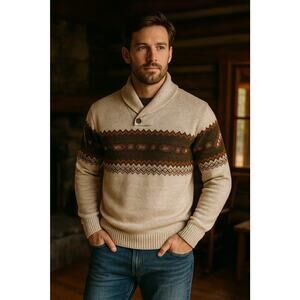 Blue Inc XL Shawl Collar Sweater British Inspired Fair Isle Knit Beige Brown